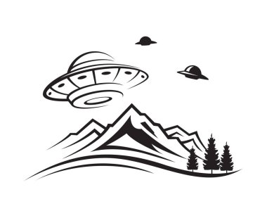 Beyaz arka planda izole edilmiş UFO uzay gemileri ve dağlarının çizimi