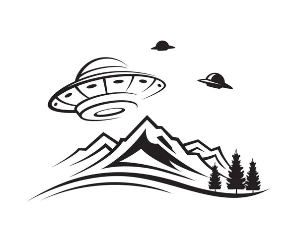 Illustration Ufo Rumskibe Bjerge Isoleret Hvid Baggrund – Stock-vektor