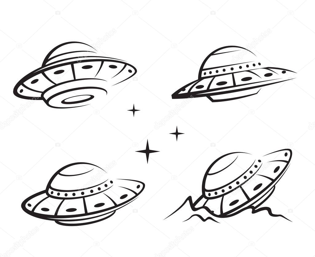 collection of UFO space ship and stars isolated on white background