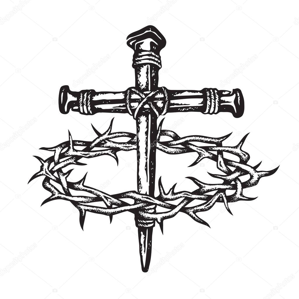 Image of jesus nail cross with thorn crown isolated on white background