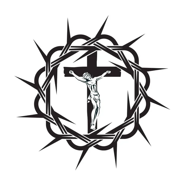 Απεικόνιση Αγκάθι Στέμμα Και Σταύρωση Του Ιησού Σταυρό Απομονωμένο Λευκό — Διανυσματικό Αρχείο