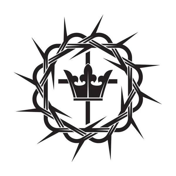 Zwarte Kroon Van Doornen Koninklijke Kroon Kruis Pictogram Geïsoleerd Witte — Stockvector
