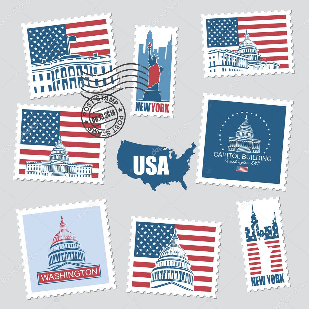 Postage stamps set with american symbols statue of liberty, capitol building and white house