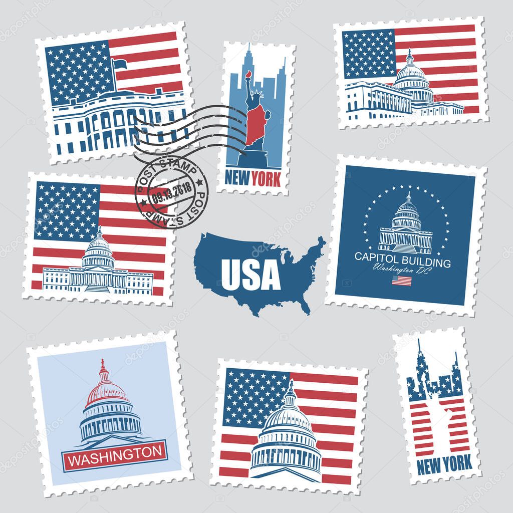 postage stamps set with american symbols statue of liberty, capitol building and white house