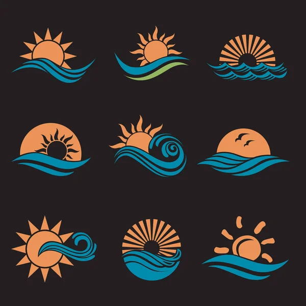 Colección Abstracta Sol Olas Mar Iconos Aislados Sobre Fondo Negro — Vector de stock