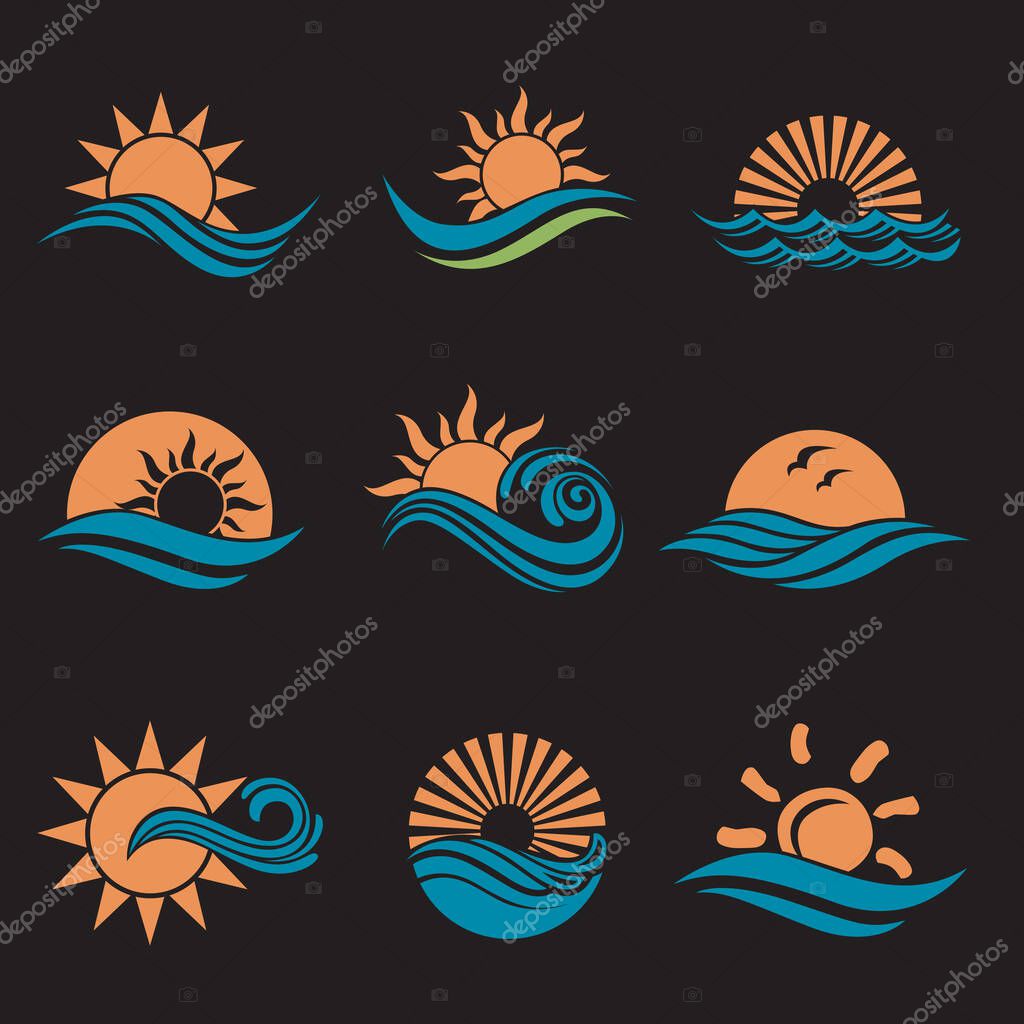 Abstract collection of sun and sea waves icons isolated on black background