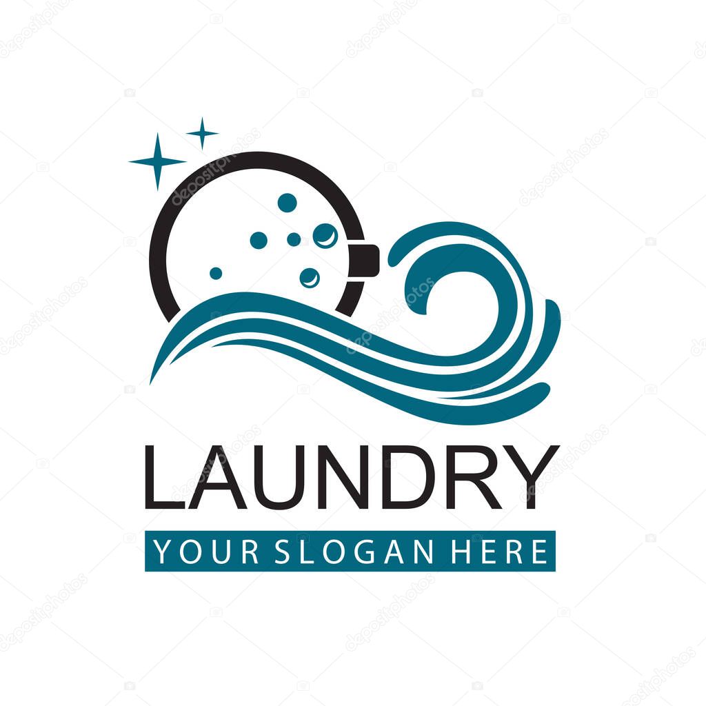 Laundry icon with washing machine with bubbles for clothes wash design isolated on white background
