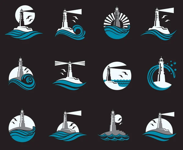 Collection Lighthouse Icon Ocean Waves Seagulls Isolated Black Background — стоковый вектор