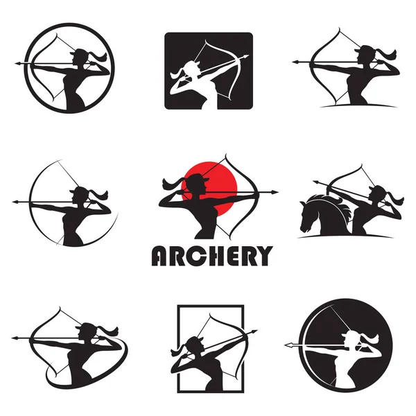 Emblem Collection Archering Girl Bow Arrow Isolated White Background — ストックベクタ