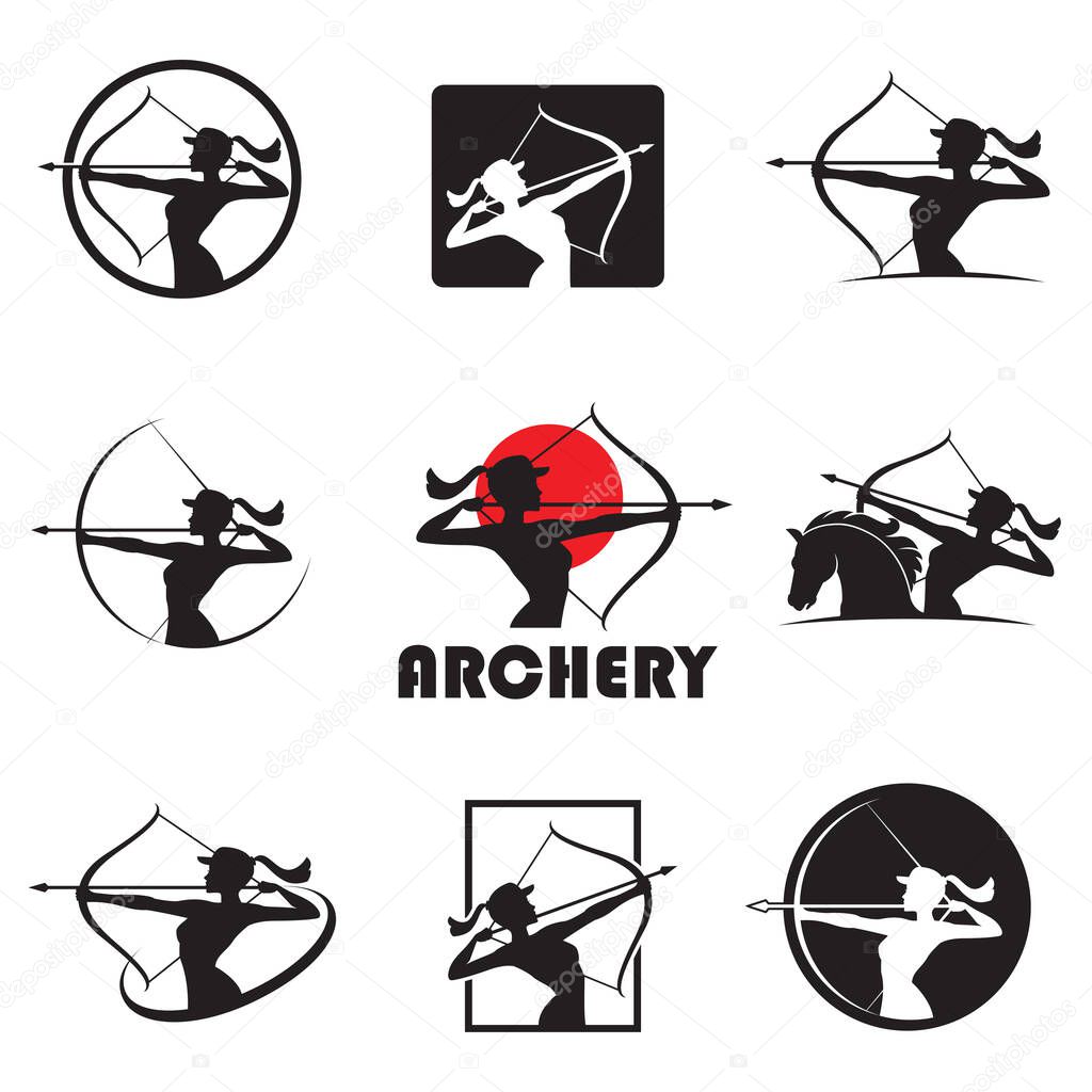 Emblem collection of archering girl with bow and arrow isolated on white background