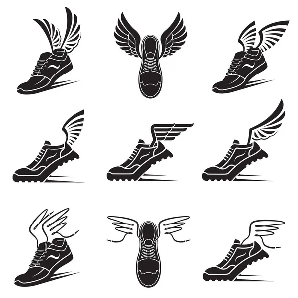 Collection Speeding Sport Shoes Wings Isolated White Background — Vettoriale Stock