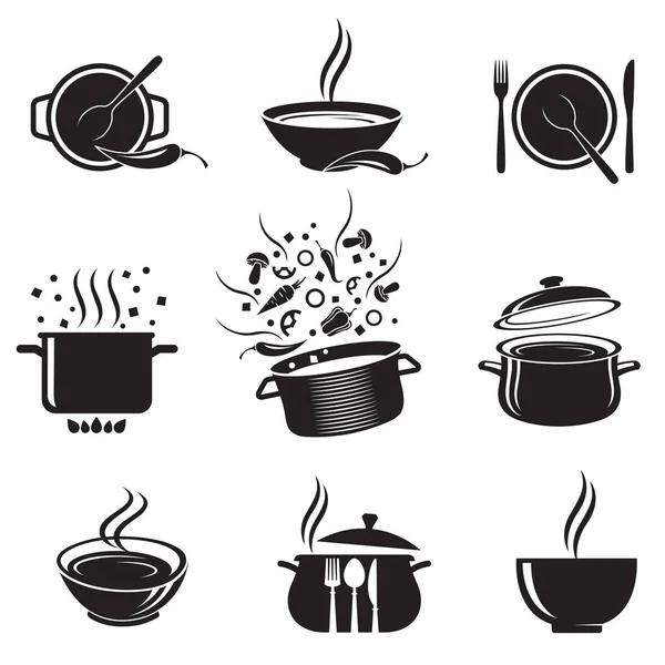 Collection Soup Icon Bowl Pan Isolated White Background — Stock Vector