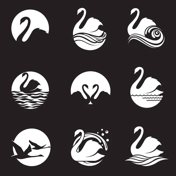 Collection White Swan Icon Isolated Black Background — Stock Vector