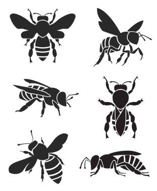 collection with silhouettes of bees isolated on white background
