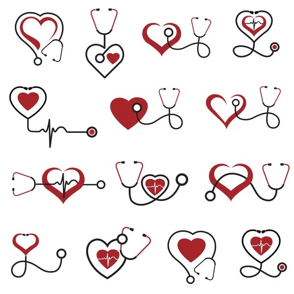 Sammlung Medizinischer Halthaltesymbole Mit Stethoskop Und Herz Auf Weißem Hintergrund — Stockvektor