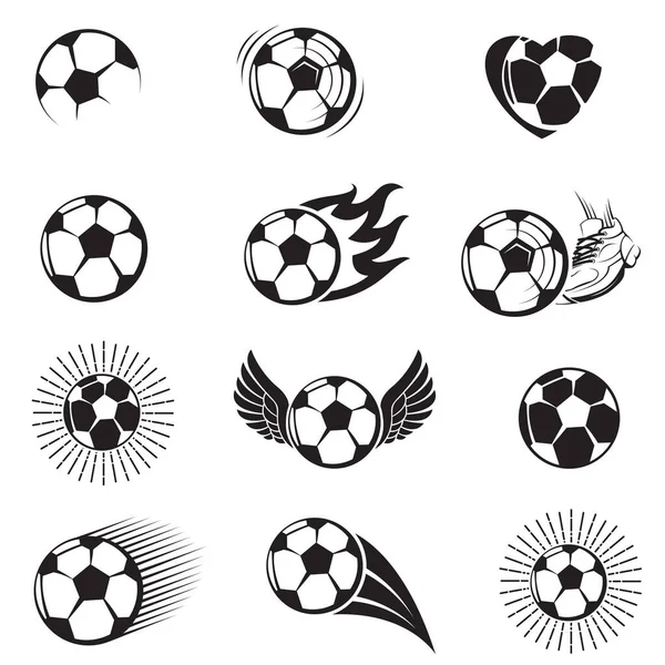 白地に隔離された様々なサッカーボールのモノクロームコレクション — ストックベクタ