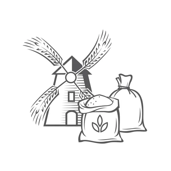 Monochrome Darstellung Von Windmühle Und Sack Isoliert Auf Weißem Hintergrund — Stockvektor
