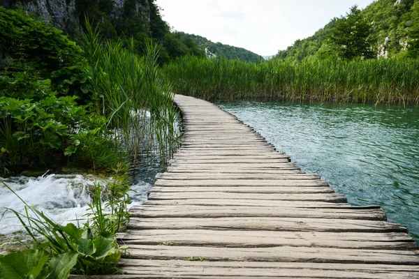 Dřevěná cesta a vodopád v Chorvatsku národní park plitvice — Stock fotografie