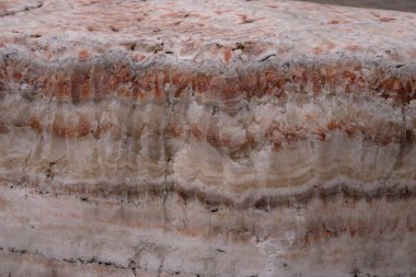 Mercan, gri ve bej katmanlı doğal taşın dokusu..