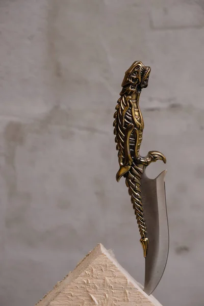 Semender şeklinde dekoratif saplı bir avcı hançeri. Dikey görüntü. Boşluğu kopyala.