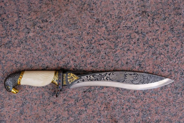 Decorative Hunting Knife Granite Background Knife Bone Handle Shape Bird — стоковое фото
