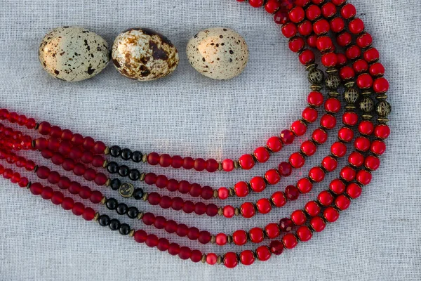 Quail Eggs Red Necklace Gray Canvas Easter Card Decorated Ukrainian — Foto de Stock