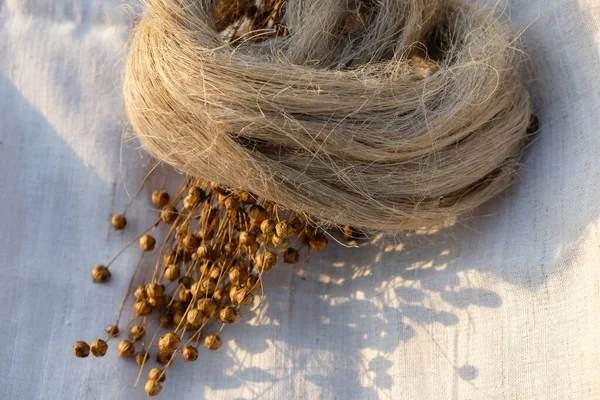 Vezels Van Natuurlijk Ongekleurd Vlas Slepen Schoen Van Droog Vlas — Stockfoto