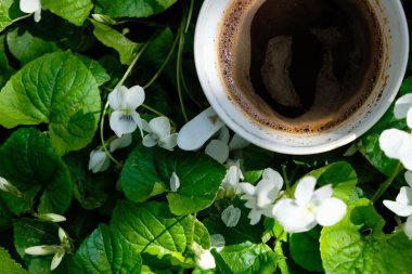 Çiçeklerin arasında bir fincan kahve. Güneşli bir sabah. Kahve daveti kavramı.