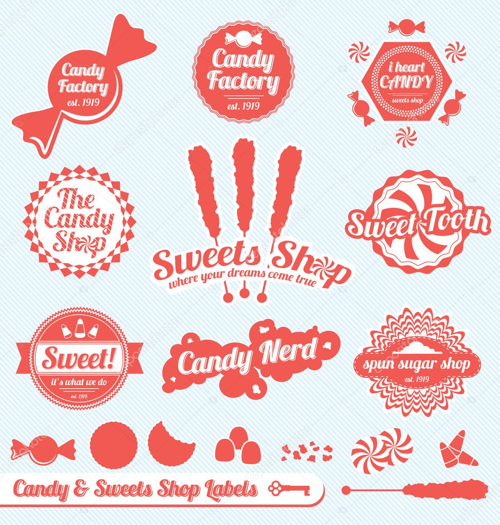 Collection of labels for candy shop and factory with candy silhouettes