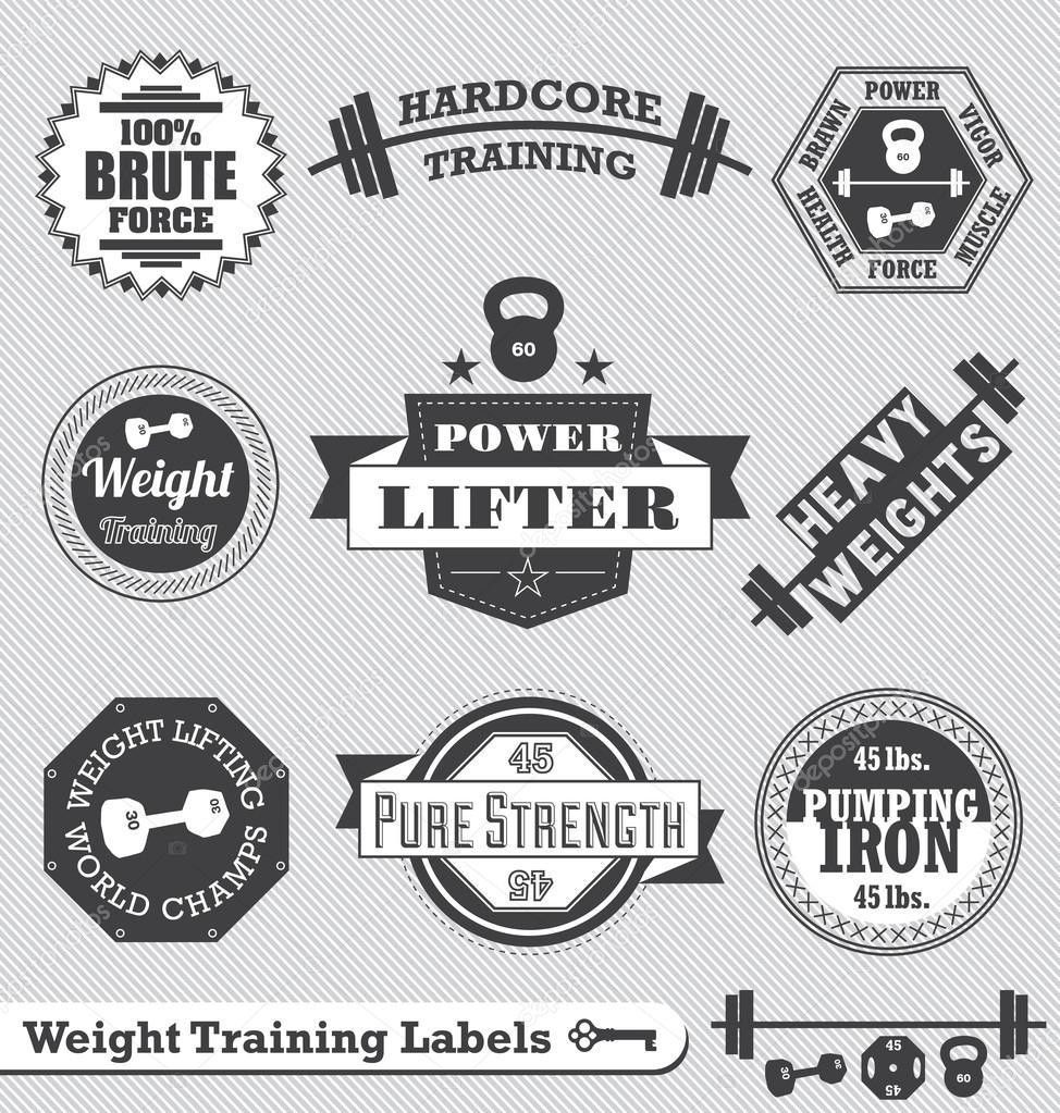 Set of weight lifting labels and badges