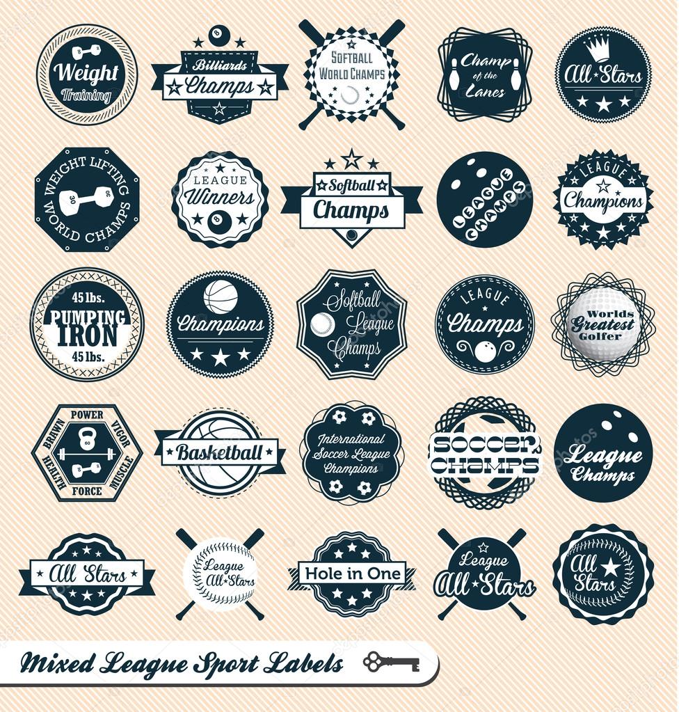 Collection of labels and stickers that cover a mixed range of league sports