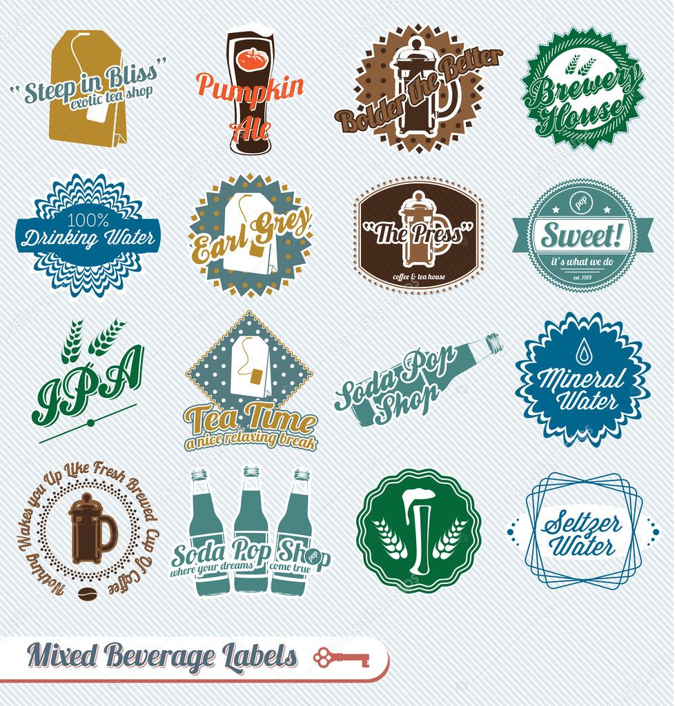 Collection of vintage beverages labels and icons