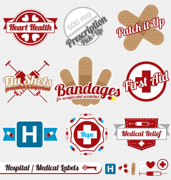 Vektorové sada: Vintage lékařské a nemocniční štítky a ikony — Stockový vektor