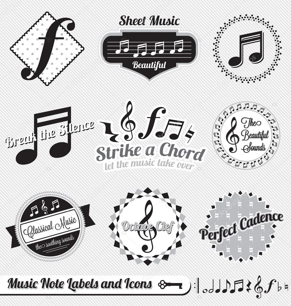 Collection of retro style music note labels and icons