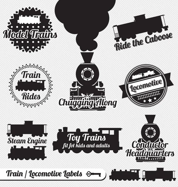 Ensemble vectoriel : étiquettes et icônes de train et de locomotive — Image vectorielle