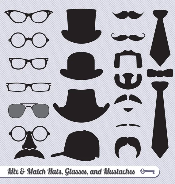 Conjunto de vectores: mezcla de bigote, sombreros, corbatas y gafas — Archivo Imágenes Vectoriales