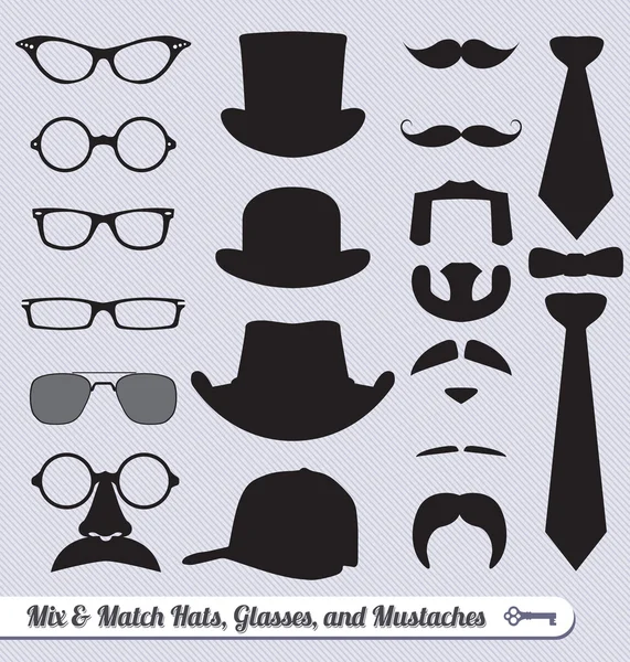 Vektor beállítása: Mix bajusz, sapkák, nyakkendők és szemüveg Stock Vektor