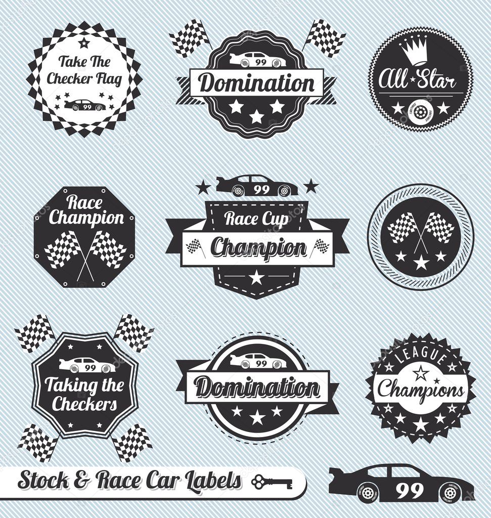 Collection of vintage style race car driving champion labels and icons