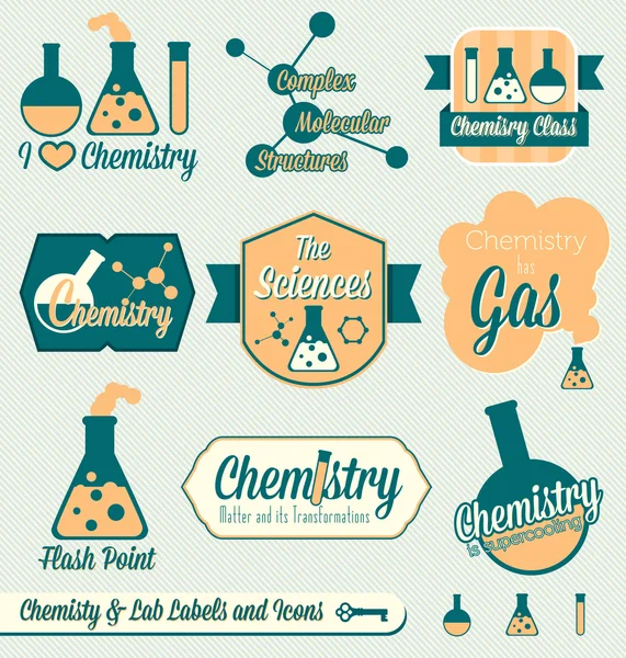 Conjunto de vectores: Etiquetas e iconos de clase de química vintage — Archivo Imágenes Vectoriales