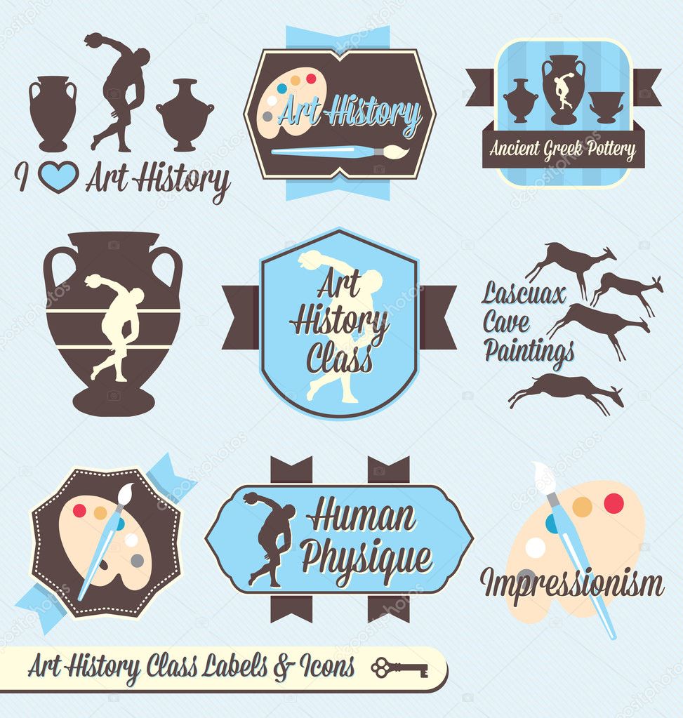 Collection of retro style art history class labels and icons for back to school in college or high school