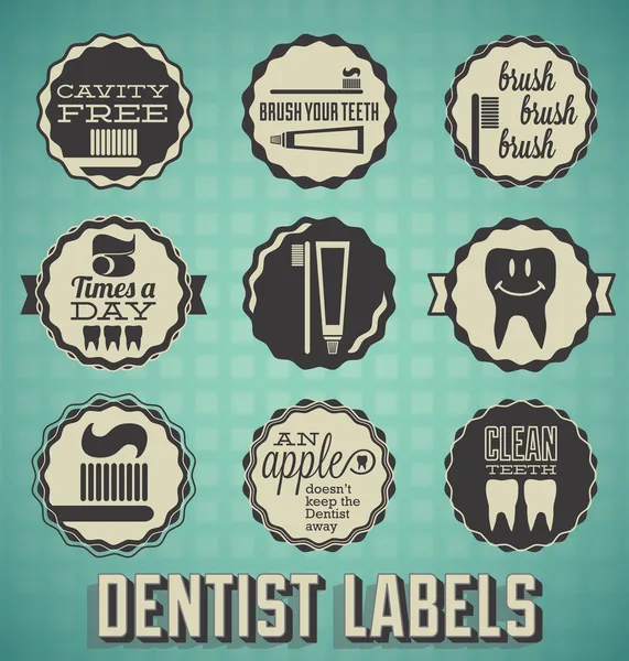 Vektör ayarlayın: Diş hekimi ve diş fırçalama Etiketler ve simgeler — Stok Vektör