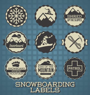 Vektör ayarlayın: Vintage snowboard Etiketler ve simgeler