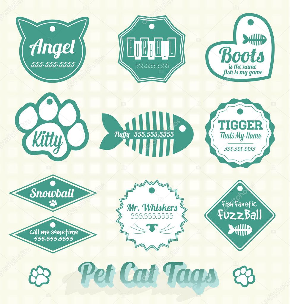 Vector Set: Pet Cat Name Tag Labels and Icons
