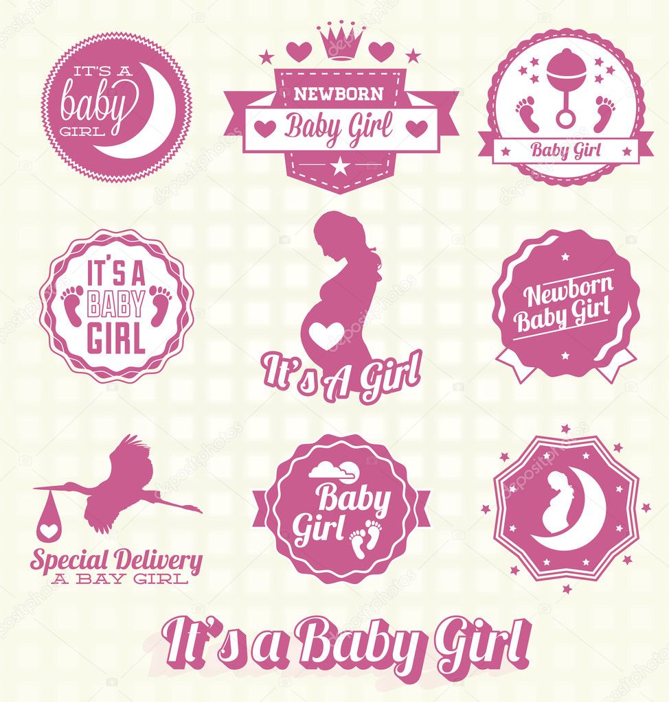 Vector Set: Retro It's A Baby Girl Labels and Icons
