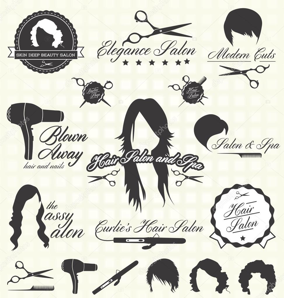 Collection of retro style hair salon labels and icons