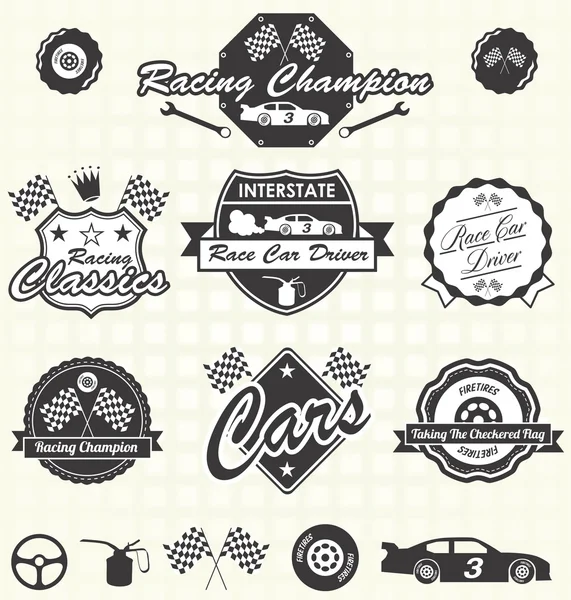 : Vektor Retro stílusú Race Car bajnok címkék és ikonok Vektor Grafikák