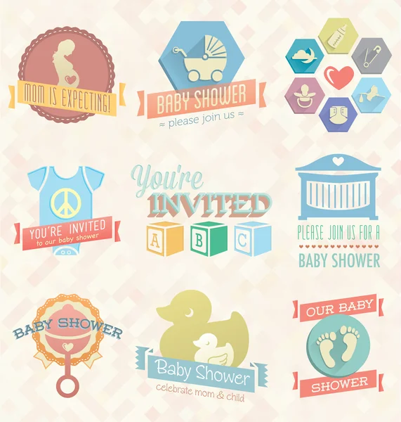 Vector instellen: Baby douche uitnodiging Labels en pictogrammen — Stockvector