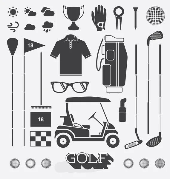 Conjunto de vectores: Iconos y siluetas de equipos de golf Gráficos Vectoriales