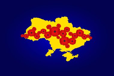 Mavi arka planda Ukrayna sarısı haritası, ülke genelinde kırmızı gelincikler, zaferin ve gelecekteki refahın sembolü.