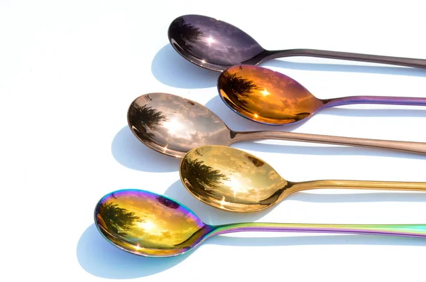 Multicolored Table Spoons Plain White Background Picture Article Tableware Cutlery — Stock Photo, Image